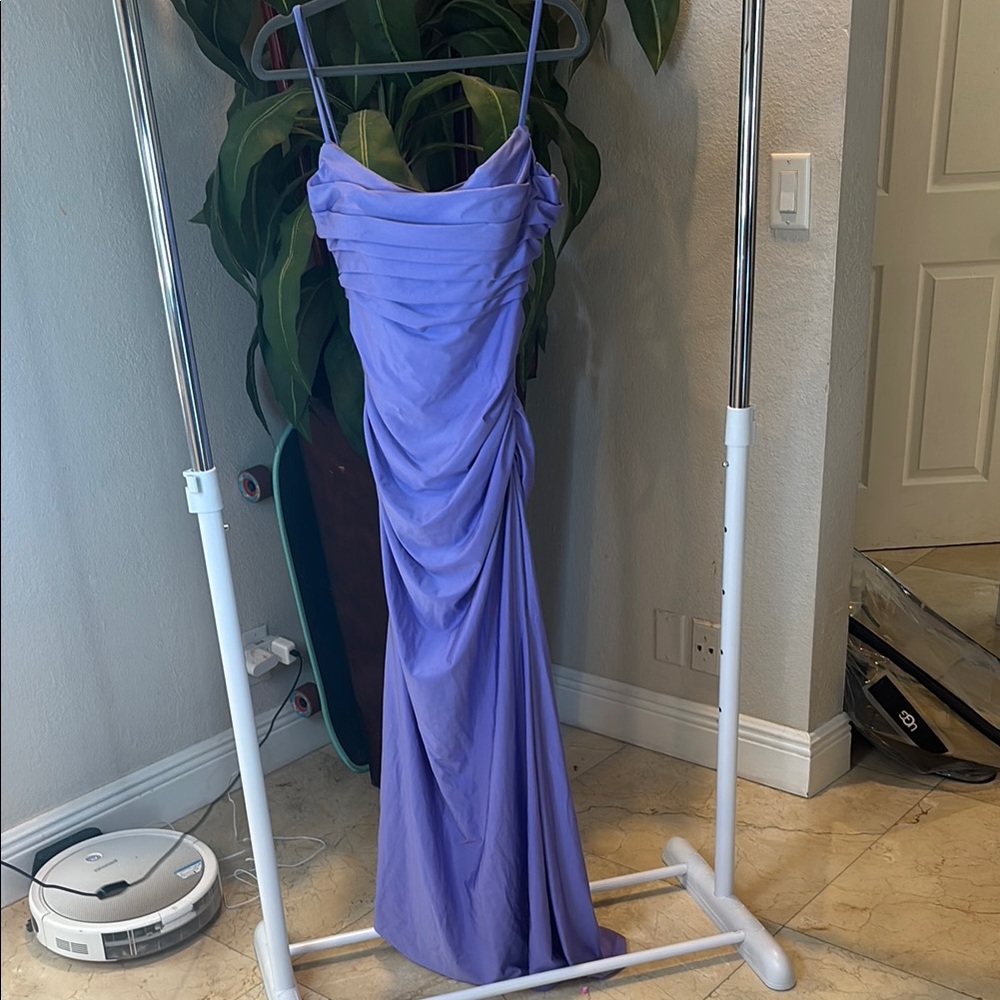La Femme Purple Ruched Maxi Gown